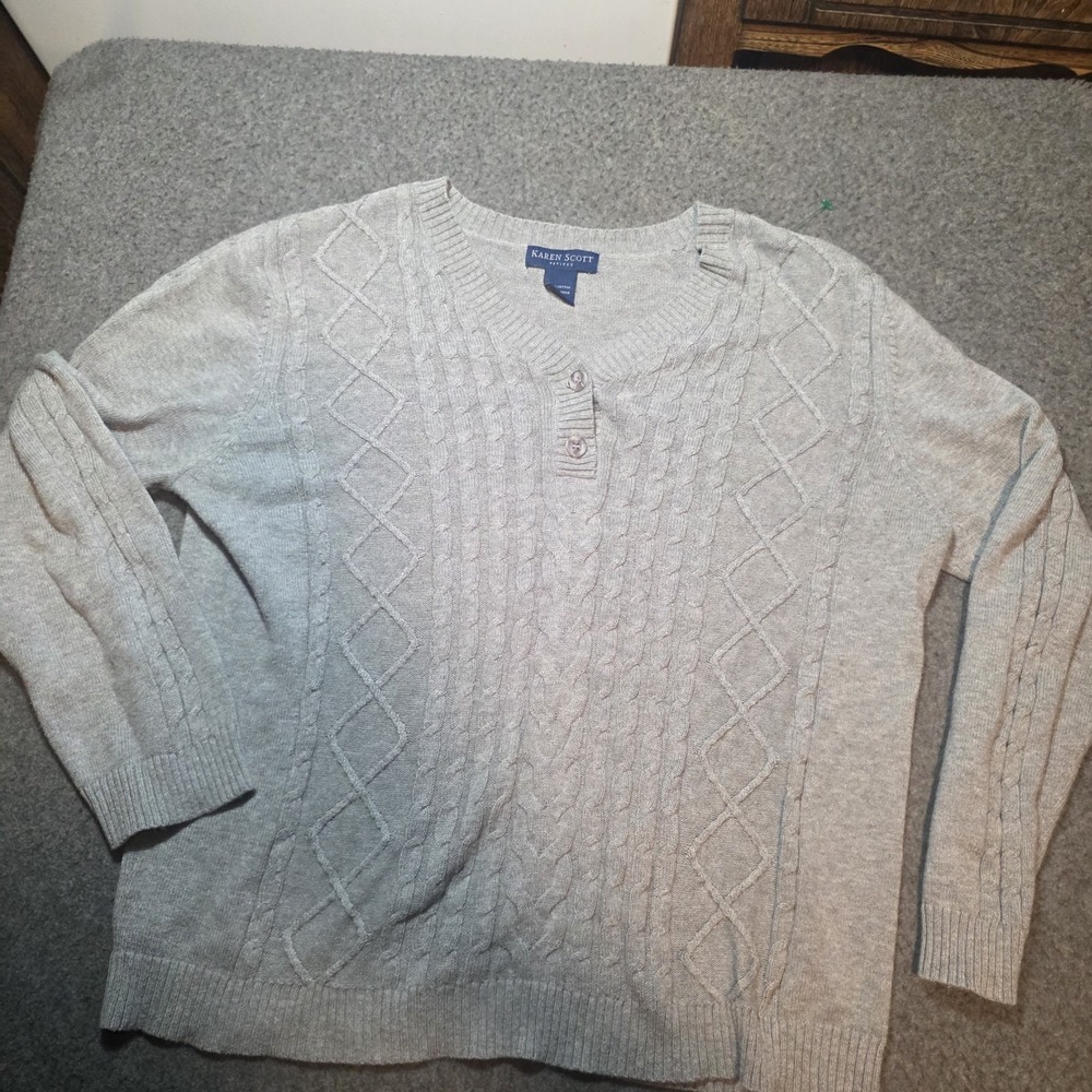 Karen Scott cable-knit V-neck henley sweater with a two-button placket Pet L C2